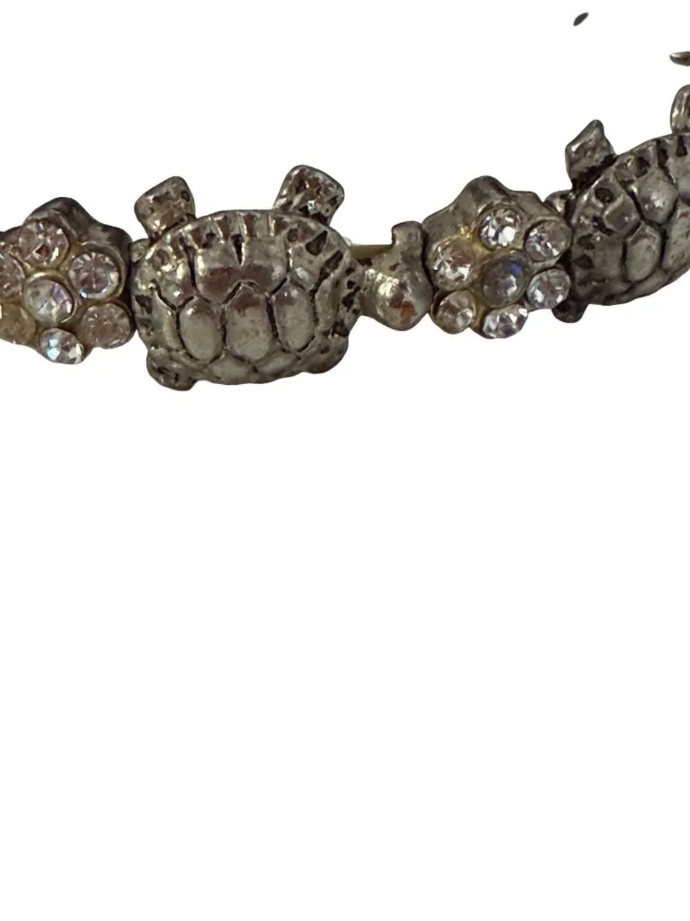 Vintage Silver Tone Sea Turtle Rhinestone Link Bracelet Coastal Ocean Jewelry